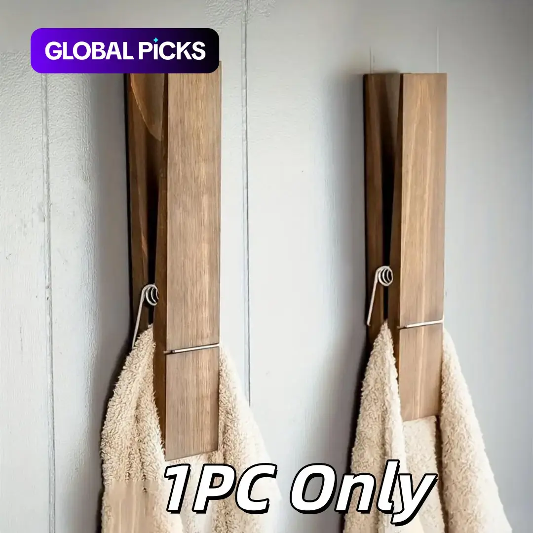 Wooden Wall-Mounted Towel Holder with Hooks, Bath Storage Holder, 1-Piece Modern Towel Rack and Home Organizer for Bathroom and Laundry Room, Bathroom Accessories Organizer, Bathroom Organizing Accessory #GLOBAL PICKS