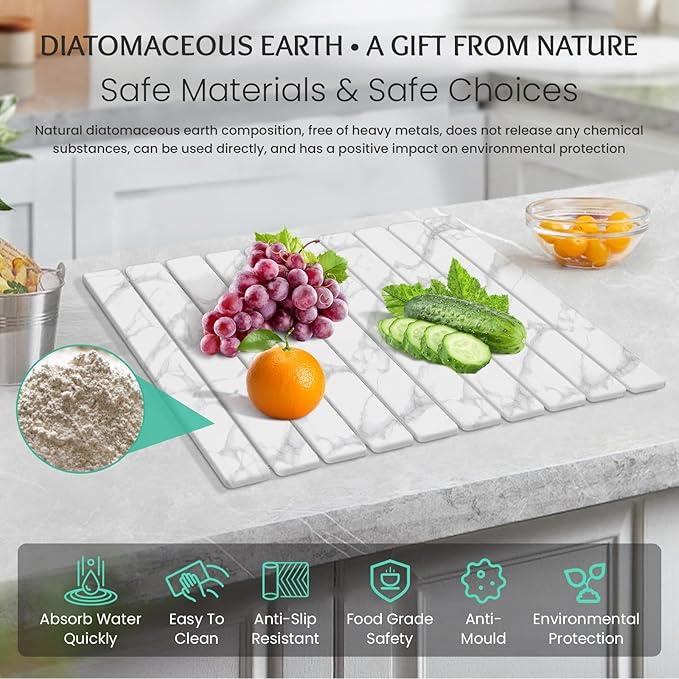 Large Stone Dish Drying Mat - 24" × 16"  for Kitchen Counter, Super Absorbent, Heat Resistant Dish Drying Mats, Eco-Friendly Diatomaceous Earth Stone Rack Tableware Mat ( White Marble) Coasters Stainless Steel Kitchenware
