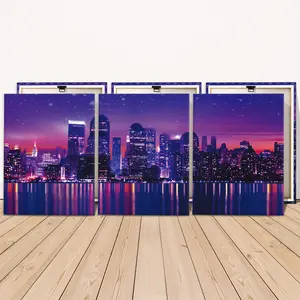 3 Counts Wooden Framed Canvas Painting, Night City Skyline Lights Reflection Images, Exquisite Poster, Perfect Living Room Decoration, Modern Art, Fashion Family Poster, Wall Art Decoration, Waterproof Art
