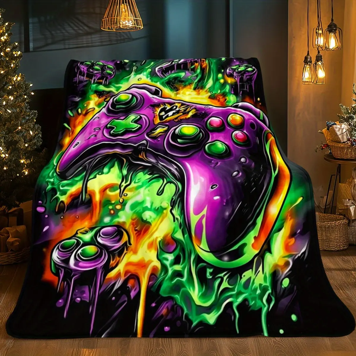 [Gaming Flannel Blanket] 1Pc Soft Fleece Throw - Ultra Soft, Lightweight, Neon Glow-In-The-Dark Game Controller Design, All-Season Cozy Bedspread For Couch, Travel - Ideal Gamer Gift For Birthday, Graduation (Green, Purple, Black), Flannel Blankets, Soft