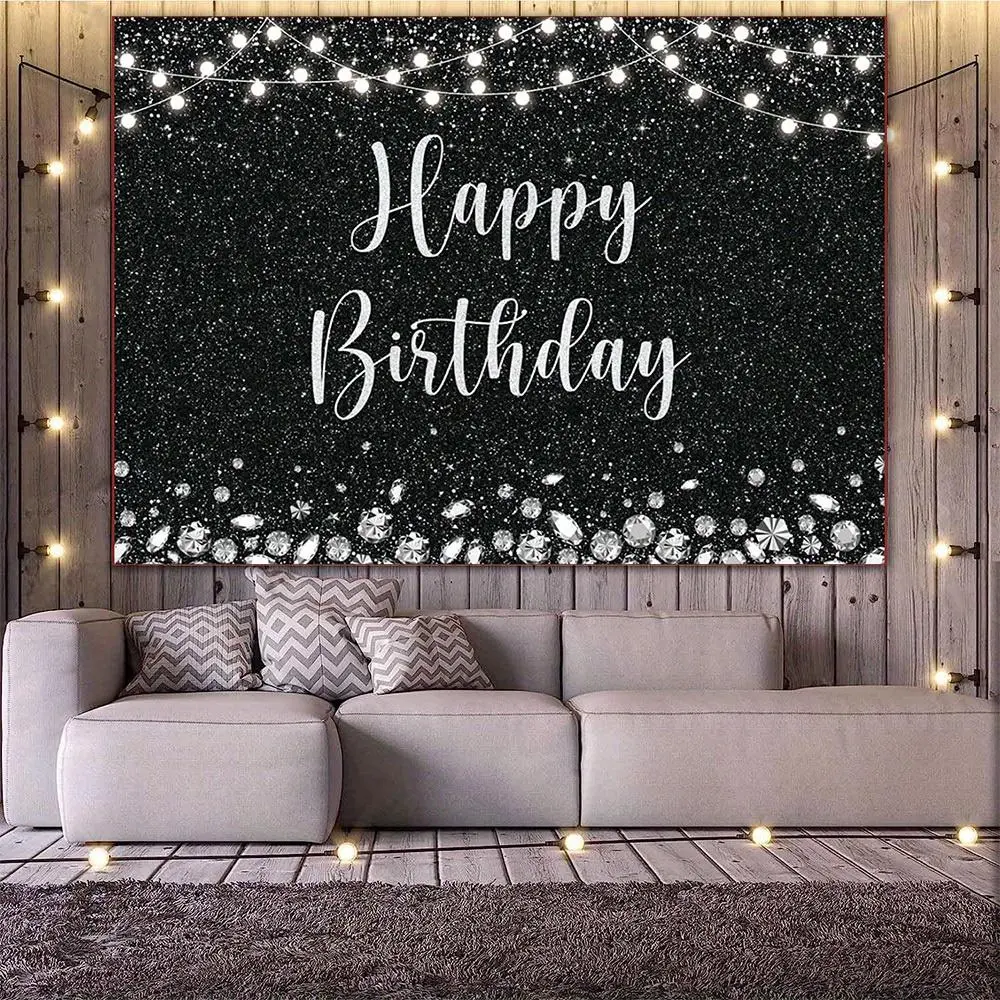 Elegant Black Polyester "Happy Birthday" Backdrop Banner, 230x180cm Silver Glitter Print Fabric with Sparkling Effect, Party Decoration Supplies for Adult Celebrations, Indoor-Outdoor Ornament