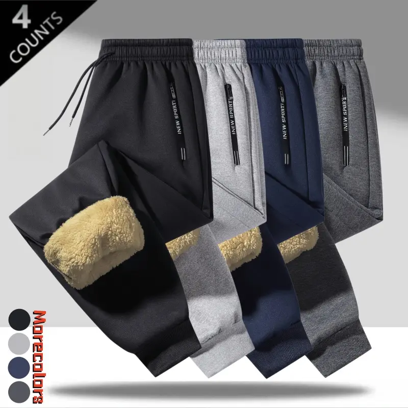 Men’s thick sherpa-lined jogger sweatpants – elastic drawstring waist, zip pockets, ribbed cuffs, warm solid pants, American casual winter bottoms for commuting and outdoor walks