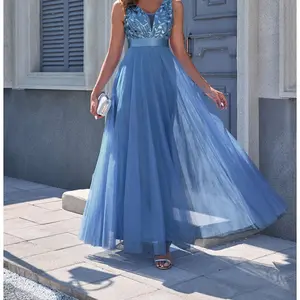 Women's Dress Embroidery Design V-Neck Sleeveless Long Dress Women's Wedding Dress, Suitable for Engagement Wedding Evening Party Performance Date Daily Various Occasions Mesh Long Dress