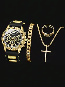 4PCS Golden Men's Watch Set Business Fashion Versatile Classic Three Eye Quartz Watch Bracelet Necklace Ring Set Suitable For Daily Clothing Matching Or Holiday Gifts Glamour Set