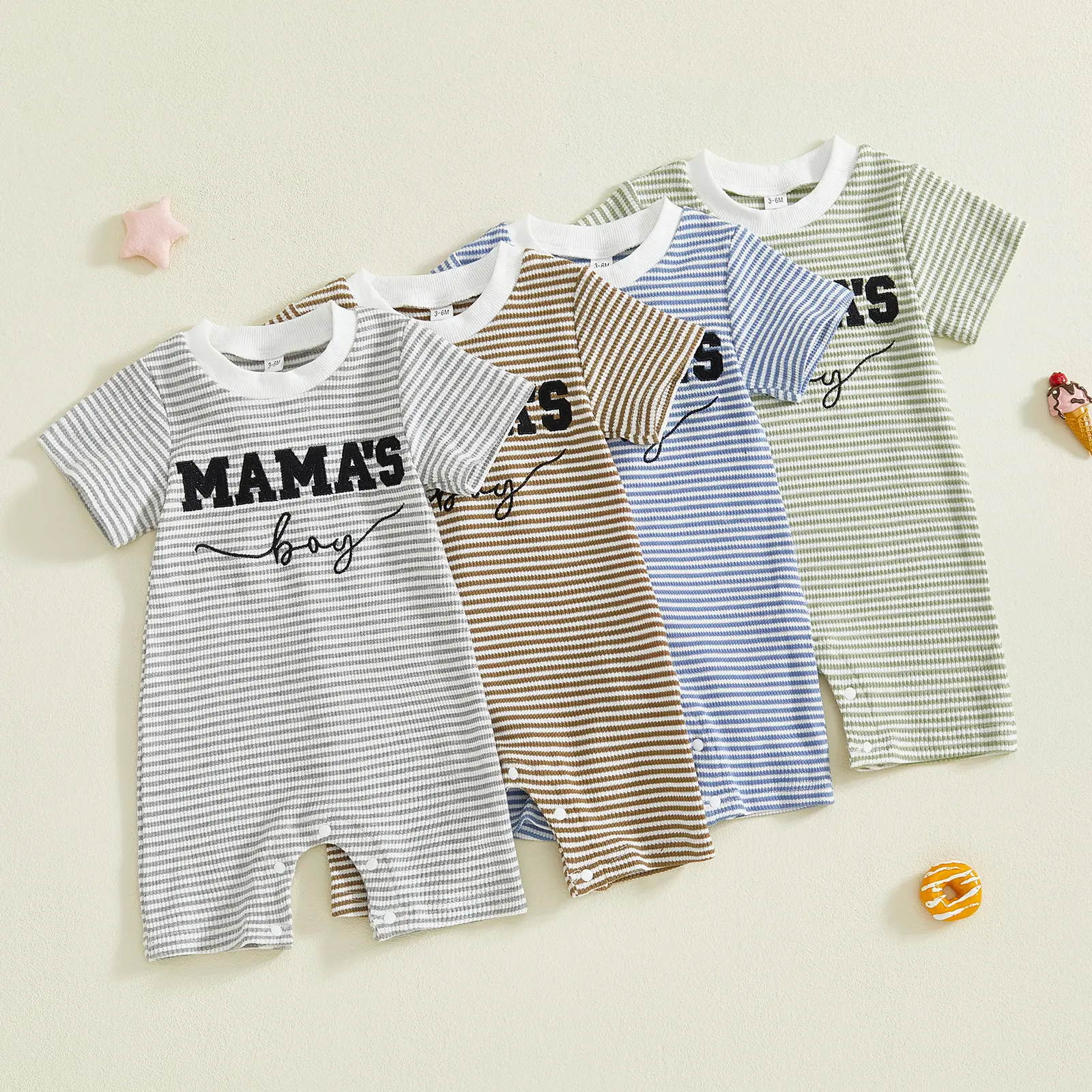 Canrulo Newborn Baby Boy Summer Clothes Mamas Boy Embroidery Jumpsuit Waffle Round Neck Romper Onesie 3 6 12 18 Months