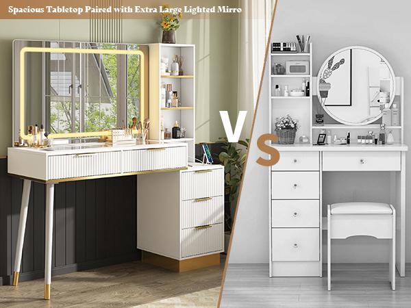 AMERLIFE 54" Tall Makeup Vanity, Vanity Desk Table with 35"W x 24"H Mirror, 5 Drawers, 3 Shelves & Charging Station, Glass Top, Modern Minimal Aesthetic Design for Home Storage/Interior Bedroom Furniture/Best Gift Ideas/Christmas Gifts