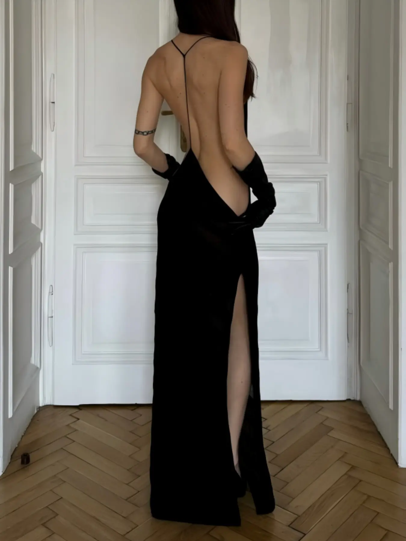 Elegant Backless High-Slit Long Dress, Cocktail Maxi Dress with Fabric, Backless Evening Dress, Deep V Neckline and Thin Straps for Nightparty, Sexy Occasions, Party Wear and Formal Events