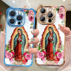 Virgin Mary Flower Pattern Mobile Phone Case, Four-Corner Anti-Fall Mobile Phone Case, Suitable For 17 Pro Max Phone Case 17 Air 16 E 15 Plus 14 13 12 11 X XS, Sturdy Mobile Phone Case Tpu Smartphone Protective Cover, Virgin Mary Case