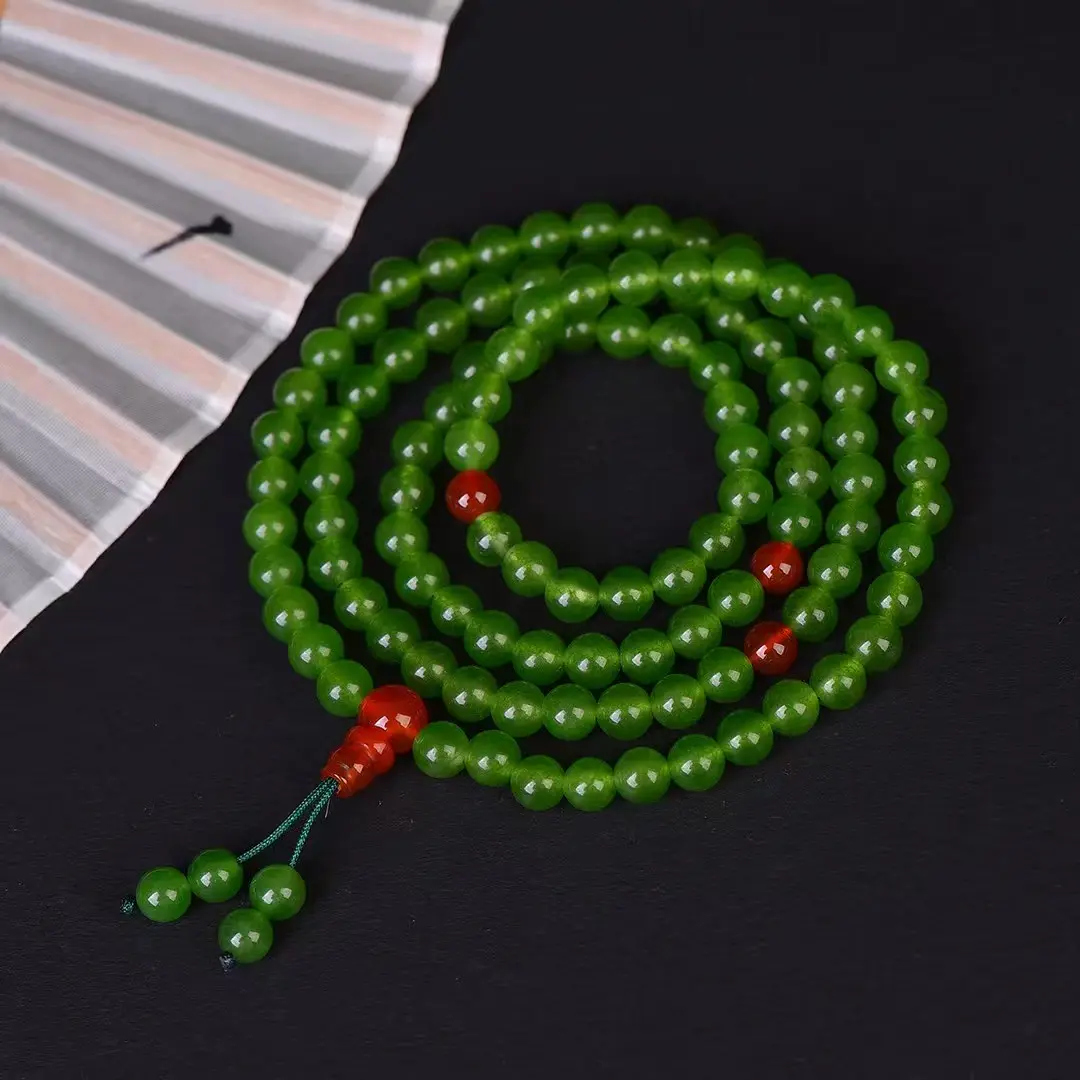Natural Green Jade 108 Mala Prayer Beads Bracelet, Red Agate Accent Buddhist Meditation Necklace Multi-layer Lucky Healing Stone Jewelry for Women Men