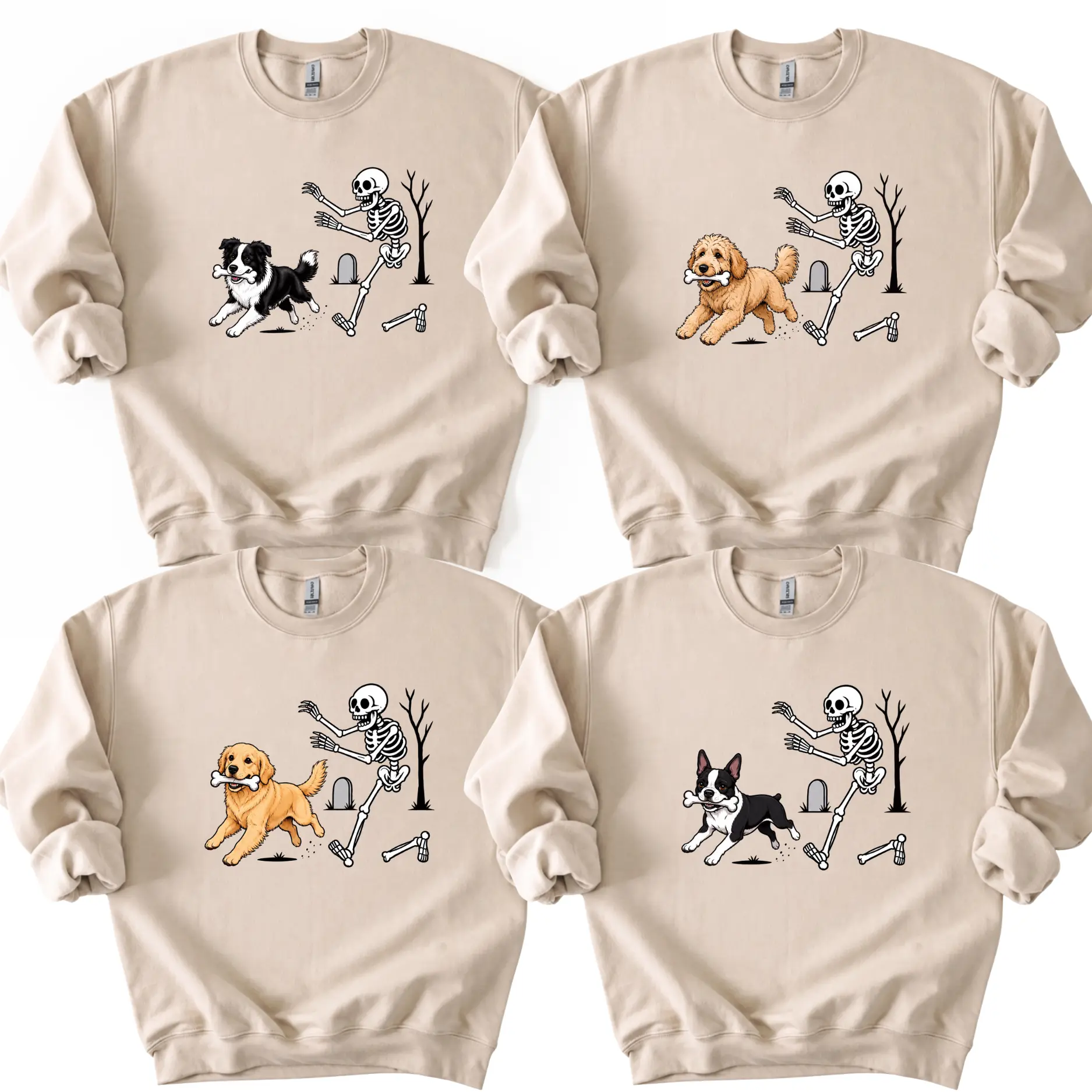 Custom 50+ Dog Breeds Halloween Sweatshirt, Personalized Puppy Skeleton Chasing Dog Crewneck, Funny Spooky Season Pet Lover Sweater, Dog Mom Dog Dad Halloween Gift, Sand Color - AL