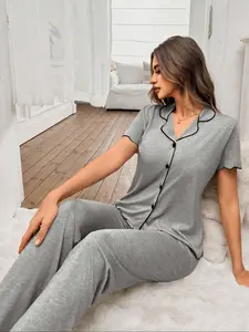 Women's Casual Basic Loose-Fitting Knit Sleepwear Loungewear Set, Ultra-Soft Fabric Short Sleeve Long Pants Pajamas, Fitted Style, Pjs