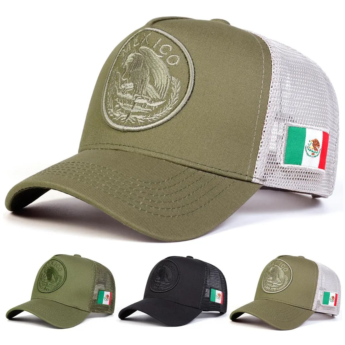 Mexican Flag Trucker Style Baseball Cap, Unisex Mesh Hat with an Adjustable Strap for Outdoor Sun Protection, National Flag Hats, Baseball Pattern Hats