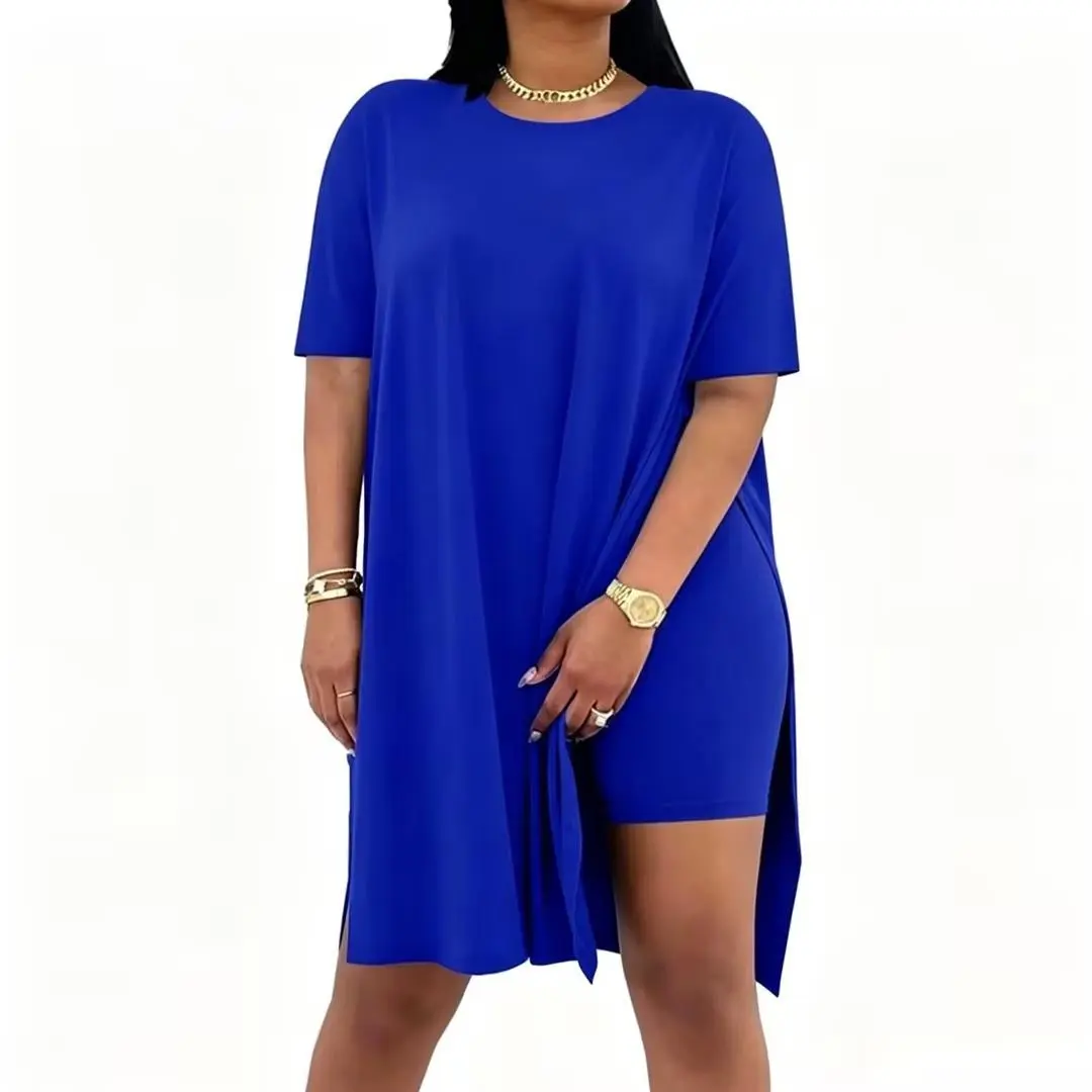 VVZ 2026 Women’s Loose Short Sleeve 2 Piece Outfit, Crew Neck Side Slit Tunic Top & Shorts Matching Co Ord Set