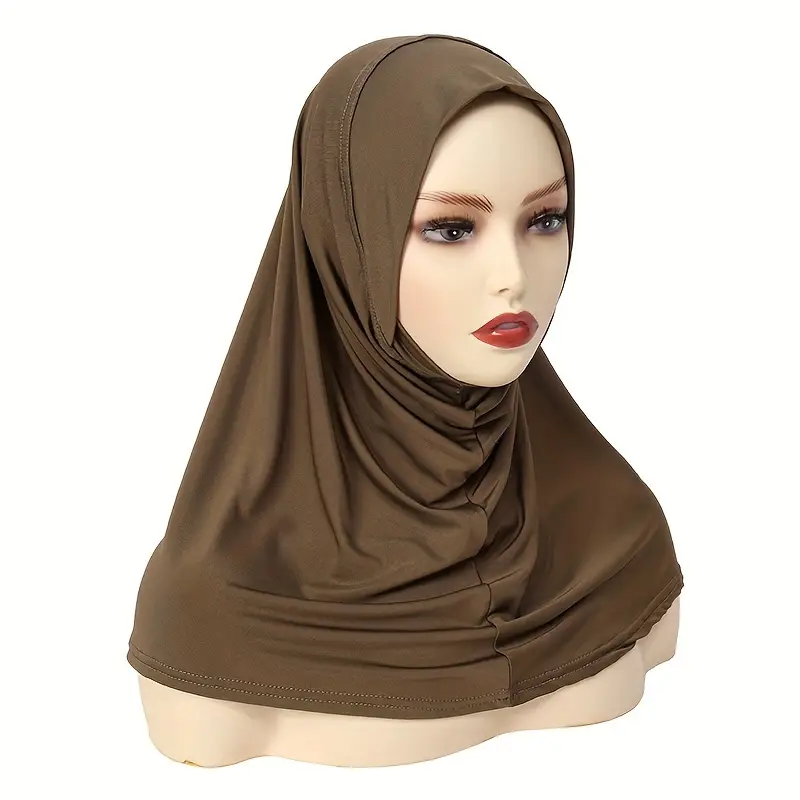 [Soft, Breathable Instant Hijab Cap] [Everyday Comfort] Elegant Dark Brown Stretchy Instant Hijab Cap for Women - Soft, Breathable Polyester with Full