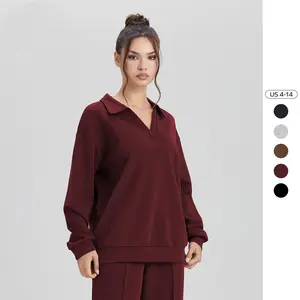 Women's Minimalist Solid Color Split-Neck Sweatshirt, Simple Style Loose Long Sleeve Top, Lady Casual Comfort Outfit