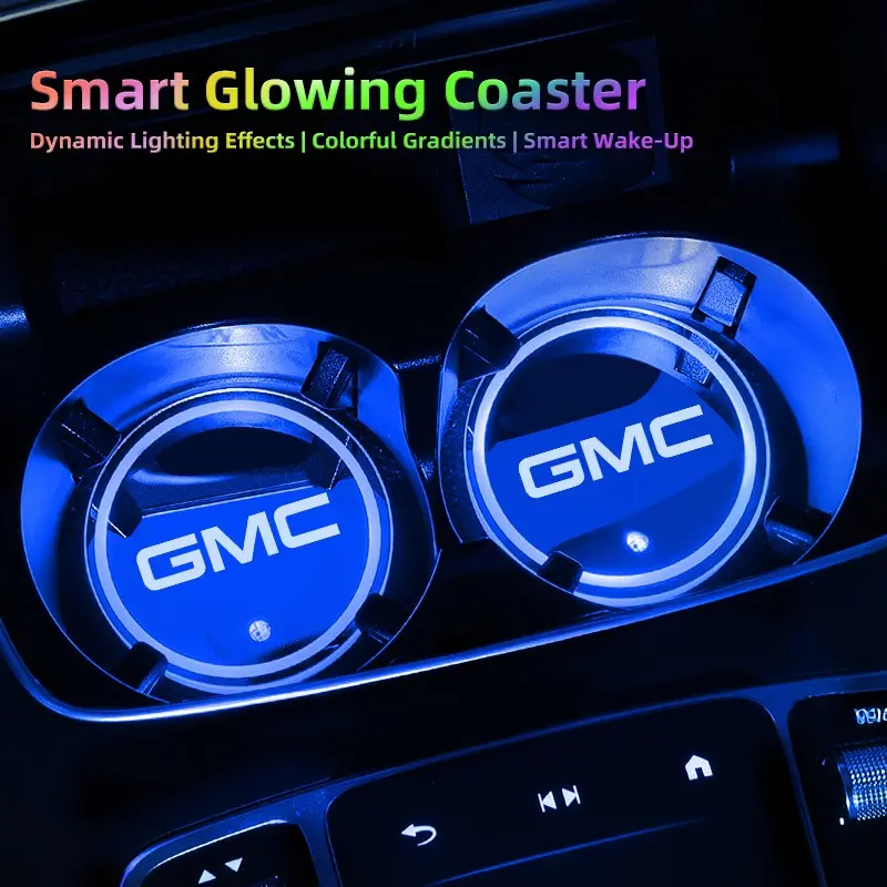 2Pcs Car LED Luminous Water Cup Coaster Colorful Coaster Lamps Interior Car Accessories For GMC Terrain Sierra Canyon Yukon Acadia Savana Denali AT4 Granite Automotive Interior Accessories