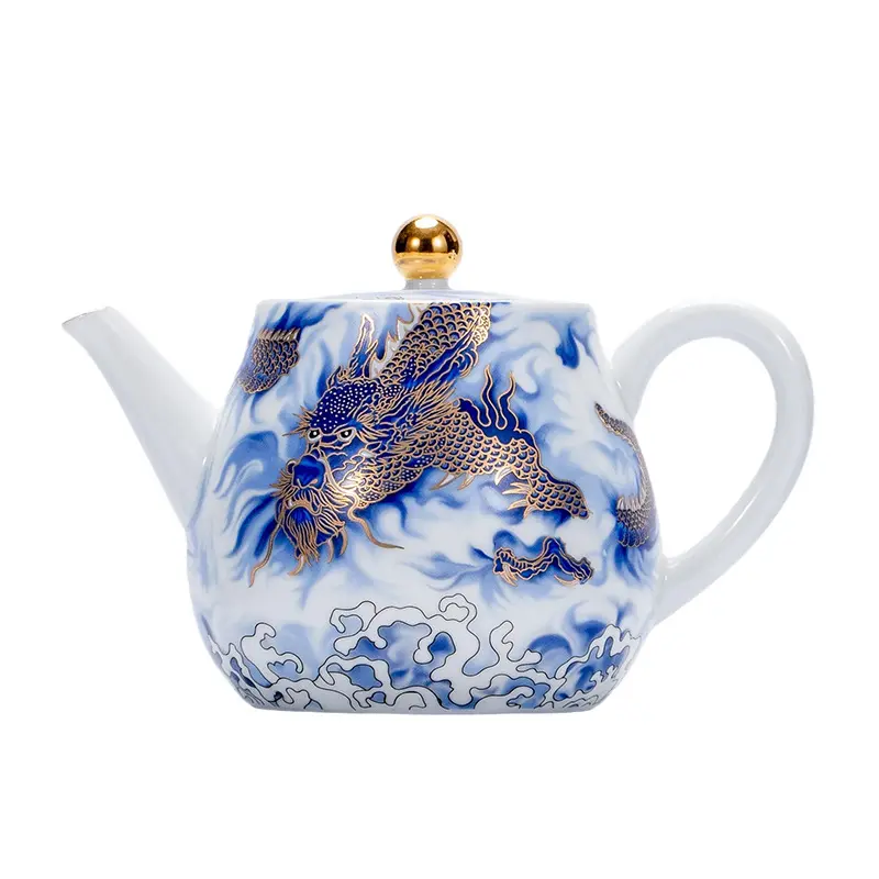 Handmade Pottery Retro Tea Party Set - High-End White Porcelain Teapot with Gold-Painted Light Luxury Enamel, Kung Fu Tea Brewer, Teacups for Household Collectible Use