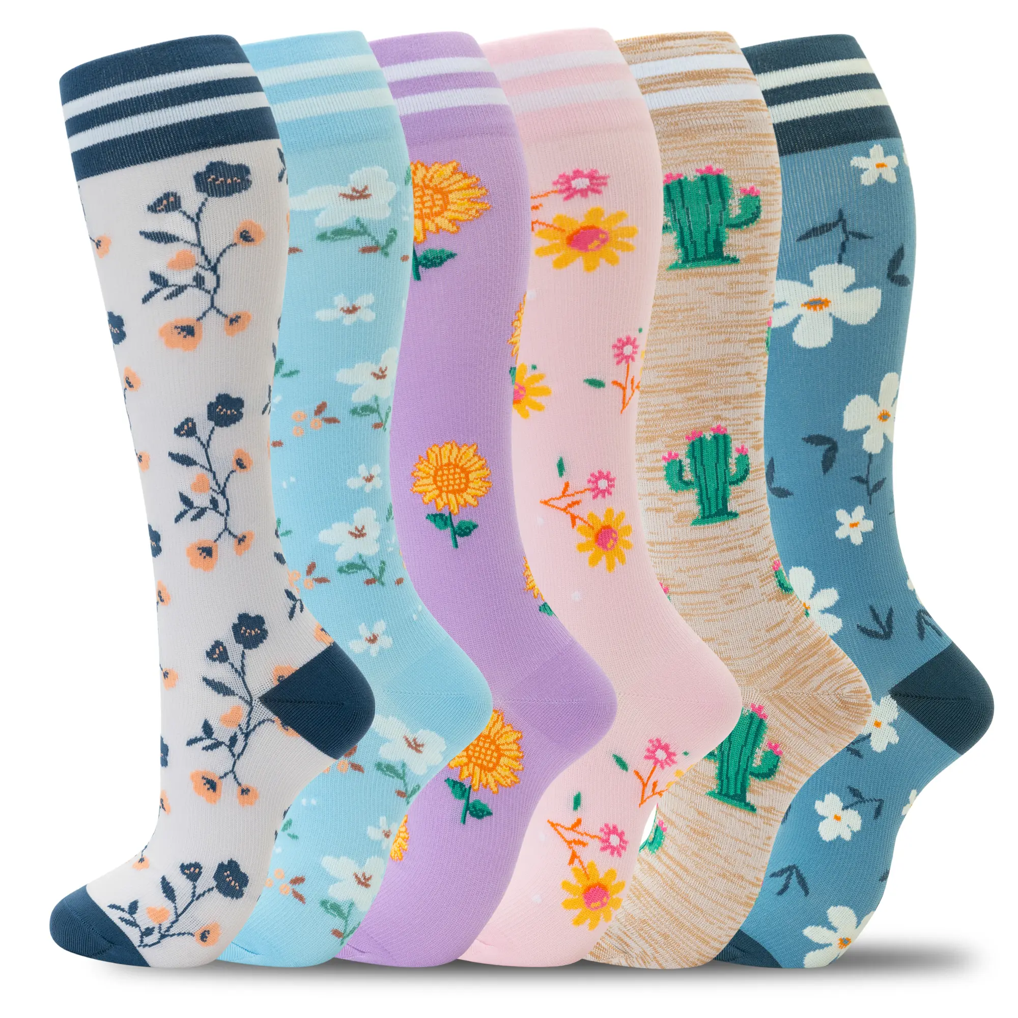 Floral Print Compression Socks - 6 Pairs (15-20 mmHg) for Women | Comfortable, Durable, Breathable Support Socks for Everyday, Running, Travel & Nurses | Cute Flower Print Knee High Socks, Mother's Day Gifts