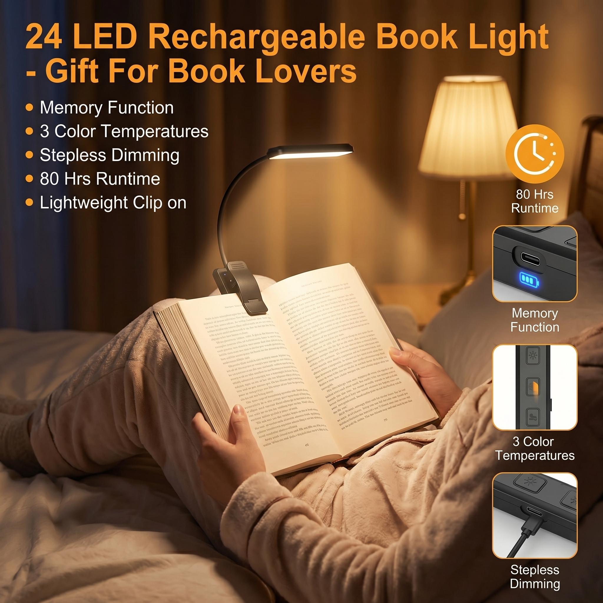 Smart LED Reading Lamp Rechargeable Book Light – Adjustable Brightness & Timer, 24 LED Clip On Light with 3 Color Temperatures, Eye Caring Bedside Reading Light for Books in Bed, Gift for Book Lovers