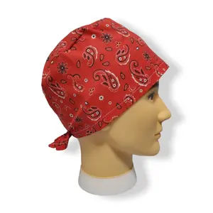 Short Hair Scrub Cap Red Bandana Pattern