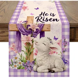 Easter Table Runner 13x72 inch, He is Risen Easter Decor for Table, Party, Home - Farmhouse Spring Purple Buffalo Plaid Lamb Decroations