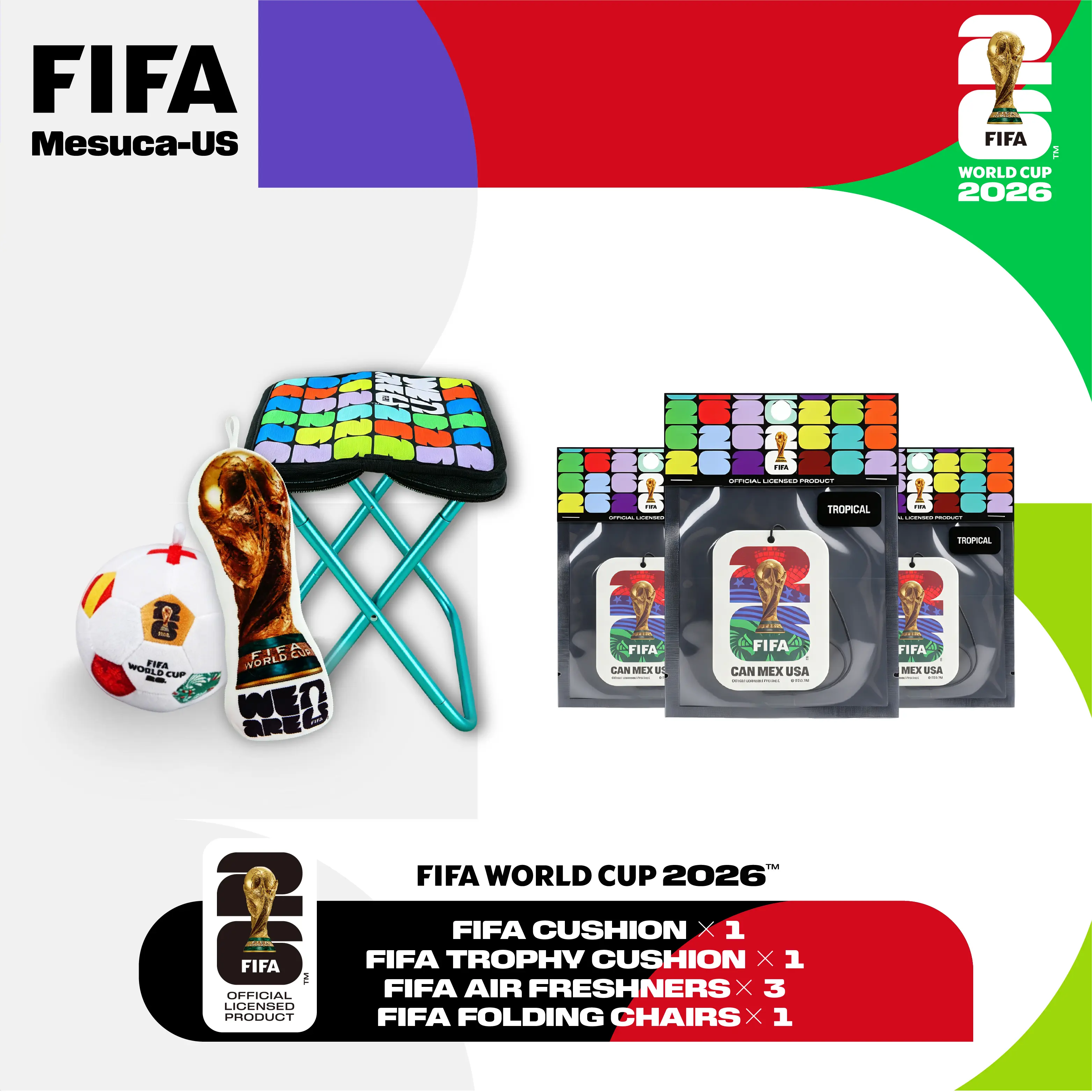 Official FIFA Mega Fan Set: Folding Chair, Trophy & Soccer Plush Pillows, Car Air Freshener - Tailgate & Decor