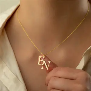 AS184 Custom Interlocking Initial Necklace,  Combined initials Gold Couple Monogram Pendant, Personalized His and Hers Letter Jewelry, Anniversary Gift for Girlfriend, Valentine's Day Present Customized Two Initials Necklace Gold Rope Chain