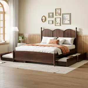 Queen Size Rustic Bed with Storage Drawers & Twin XL Pull-Out Guest Bed, Solid Pine Wood Frame, Multiple Color Options