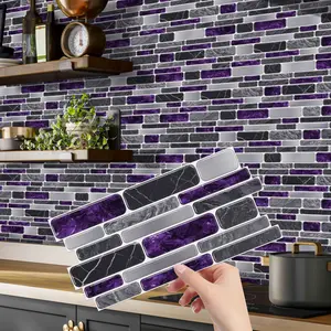 12/24/48PCS Irregular Deep Purple & Gray-Black Contrast Long Strip Stone Tile Stickers (XY-HTP) | PVC Crystal Waterproof Oil-Proof Kitchen Bathroom Decor Decoration Sticker