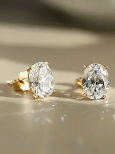 925 Sterling Silver Zircon Earrings, Unisex Daily Wear, 14k Gold Plated, Pair of Studs, Elegant Jewelry for Men and Women
