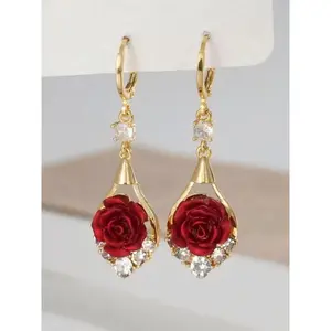 Rose Drop Earrings Golden Sparkling Crystal Tassel Design, Flower Earrings Chic Elegant Fashion Jewelry Water Drop Earrings for Women 2025