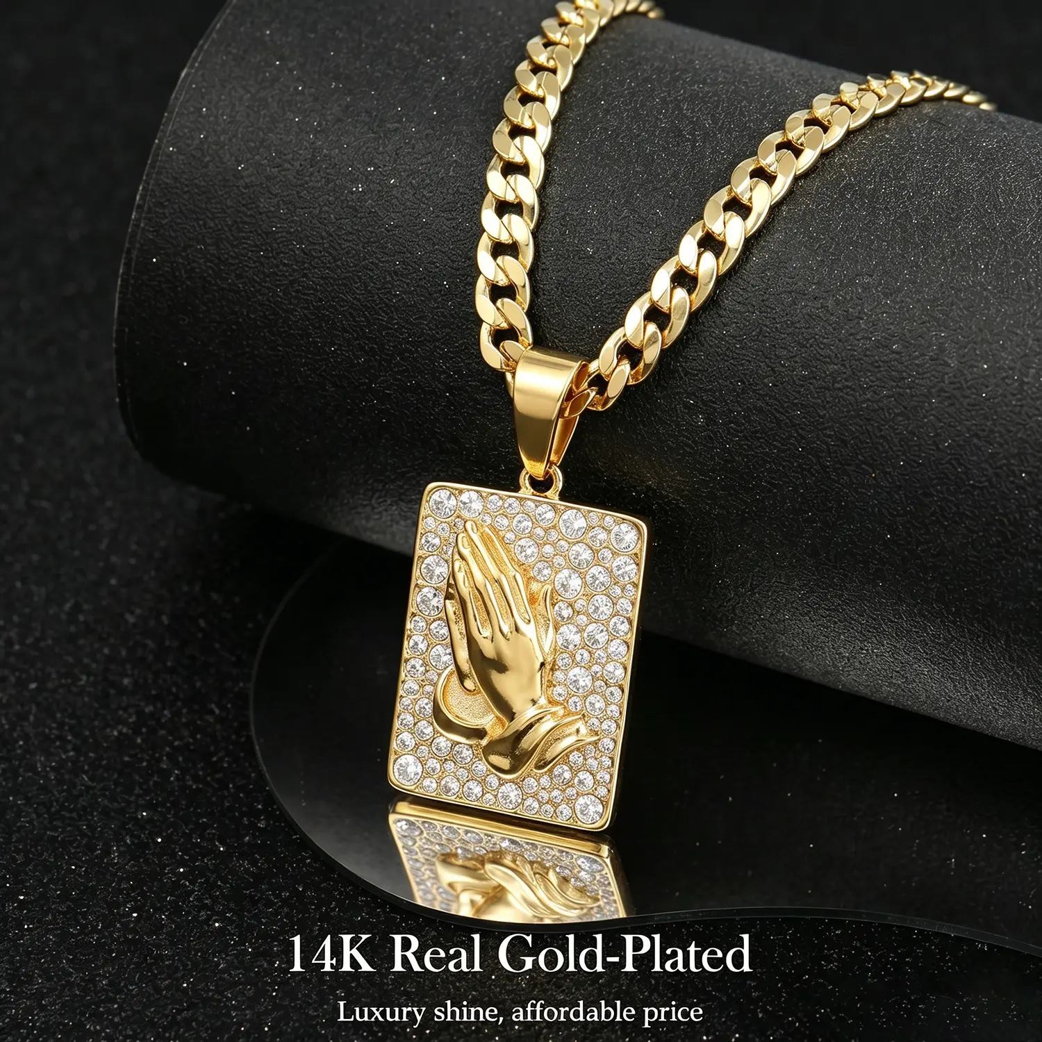 Men's 14 Karat Gold-Plated Faith Pendant Necklace, 5mm Hip Hop Cubic Zirconia Trendy Necklace, Unique Design Religious Jewelry Gift with Gloss Stays Bright