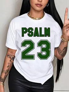 Women's Plus Size Psalm 23 Premium Jersey T-Shirt - Oversized Crew Neck Short Sleeve Top, Bold Green Lettering, Soft Breathable Fabric, Flattering Fit for Holiday Parties, Gift Giving