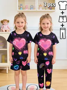 Children Girls Spring Fall Butterfly Heart Unicorn Pattern, 3 Piece Set Glow-In-The-Dark Round Neck Long Sleeve Sleepwear