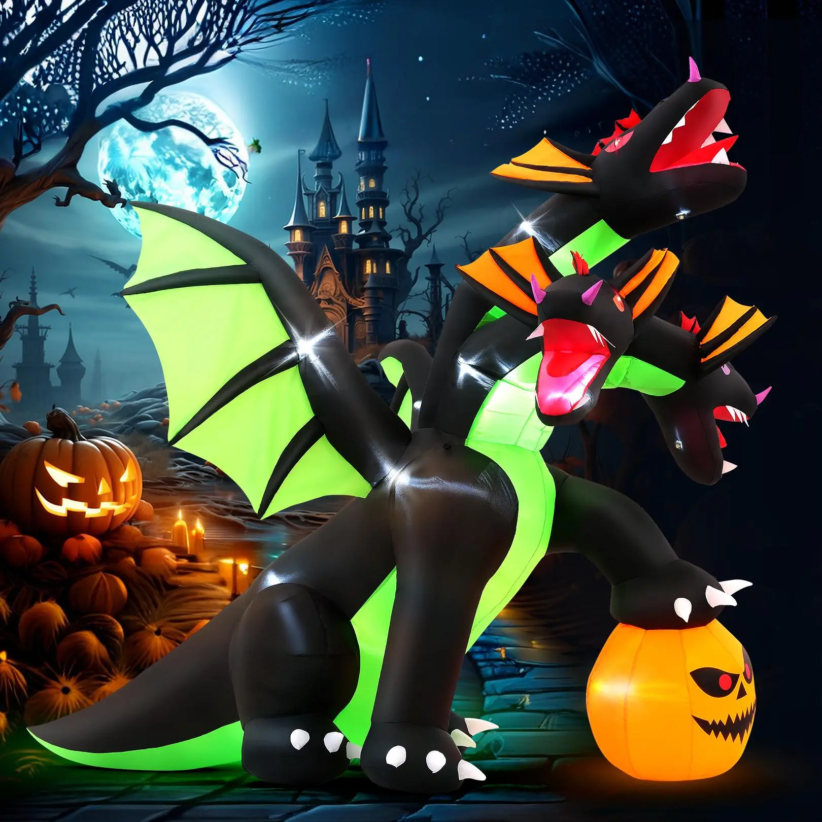 AKEYDIY 3-Headed Dragon Halloween Inflatable Decor, Giant 7.67ft Tall Outdoor Yard Ornament Built with Bright LED Lights, Great Decor for Halloween Parties, Backyard Gatherings and All Kinds of Holiday Celebrations