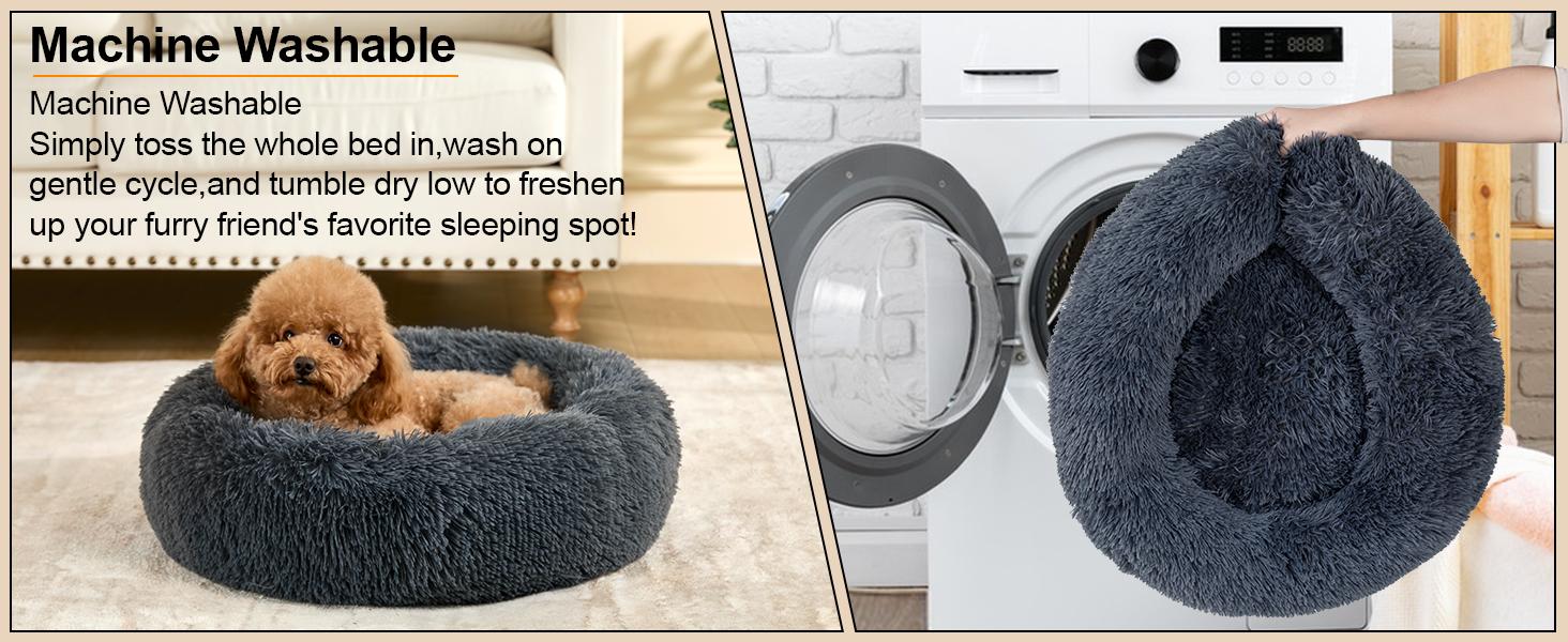 Dog Calming Beds for Small Medium Large Dogs - Round Donut Washable Puppy Dog Bed, Anti-Slip Faux Fur Fluffy Donut Cuddle Anxiety Cat Pet Bed(20" Dark Grey)