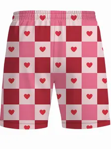 Heart Plaid Beach Shorts, American Sweet Style, Quick-Dry Breathable, Valentine's Day/beach Vacation, 1 Piece