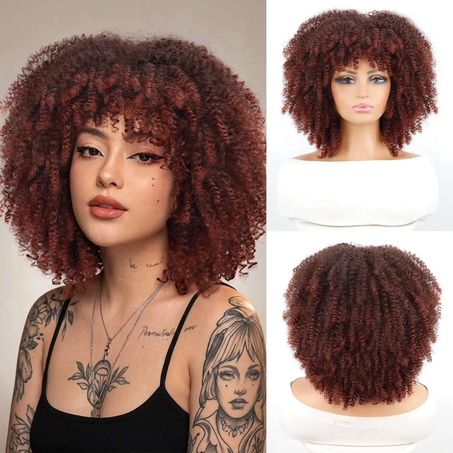 Xinran Short Curly Afro Wigs with Bangs for Black Women, Brown Afro Kinky Curly Wigs for Black Women Synthetic Heat Resistant Fluffy Brown Wigs