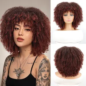 Xinran Short Curly Afro Wigs with Bangs for Black Women, Brown Afro Kinky Curly Wigs for Black Women Synthetic Heat Resistant Fluffy Brown Wigs