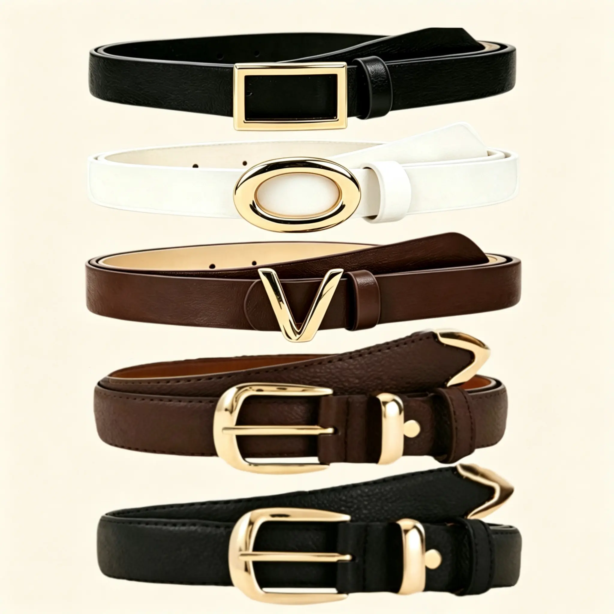 5 Pack Women's Everyday Versatile Belts, Classic Gold Multi Buckle Styles Pin Square Round V Buckle Waist Belts for Women, Adjustable All-Match Belts for Jeans Dresses Daily Casual Work Outfits, Multi Neutral Colors Fit Most Waist Sizes