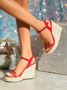 Women's Summer New Fashion Sparkle Wedge Heel Strappy Sandals, Rhinestone Embellished Strap, Ultra-Thick Sole, Elegant and Stylish
