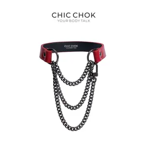 CHICCHOK [Red Breathless] Fashion Red with Thick Chains, Movable Pulling Chain Daily Wear Leather Necklace Choker versatile wear Streetwear Statement Jewelry Trendy Fashionable Accessories