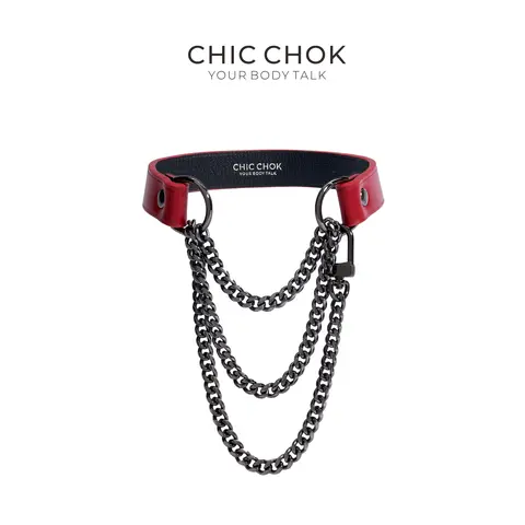 CHICCHOK [Red Breathless] Fashion Red with Thick Chains, Movable Pulling Chain Daily Wear Leather Necklace Choker versatile wear Streetwear Statement Jewelry Trendy Fashionable Accessories