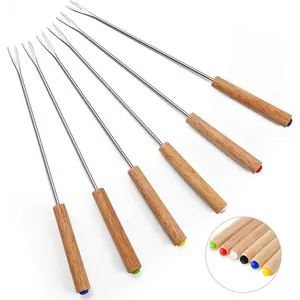 Set of 6 stainless steel fondue forks, 9.5-inch cheese fondue sticks/smores sticks with wooden handle, heat resistant—ideal for chocolate fountains, cheese fondue, roasting marshmallows, and fruits