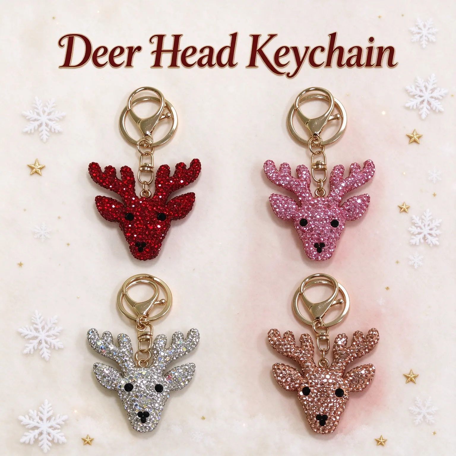 1 Pack Bling Deer Head Keyring with Rhinestones, Aesthetic Bag Hanging Decor, Holiday Small Gift for Christmas, Purse Charm Accessory