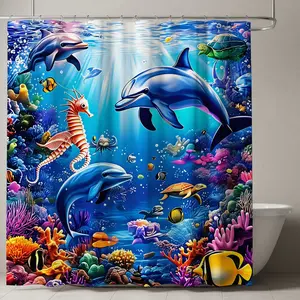 Vibrant Underwater Ocean Scene Printed Shower Curtain, Dolphins, Sea Turtles, Coral Reef, Lively Fish, Nautical Bathroom Decor, Summer Vibes, Waterproof Shower Curtain