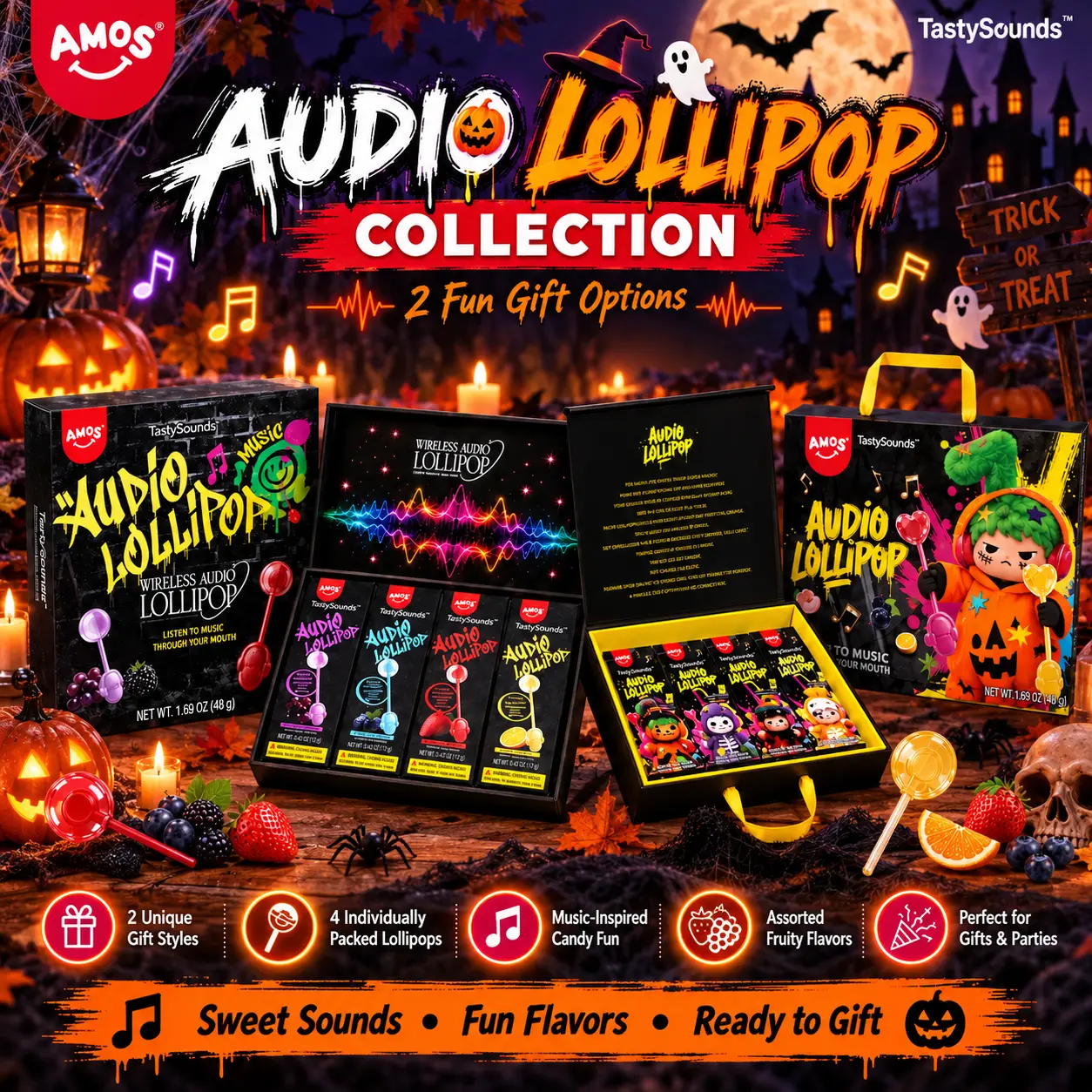 AMOS TastySounds Audio Lollipop Gift Set, 4 Individually Packed Fruity Lollipops, Music-Inspired Candy Fun, Ready-to-Gift Box for Kids Parties
