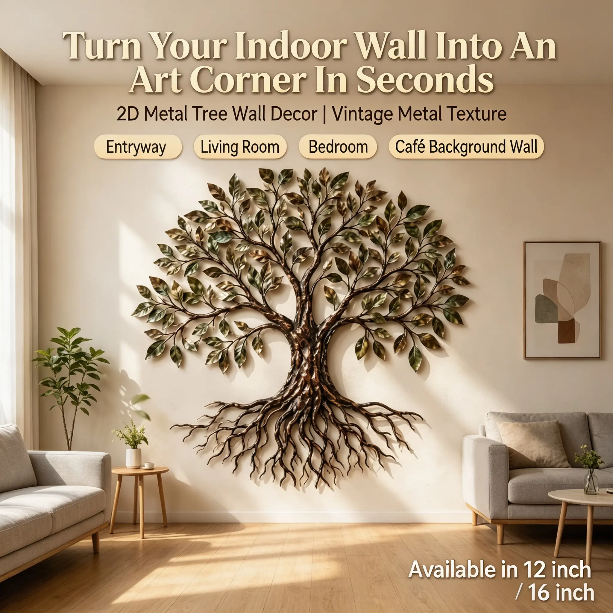 Art Wall Decor, 2D Vintage Aged Metal Tree Wall Hanging, 12/16 Inch Artistic Wall Accent, for Living Room, Entryway, Bedroom, Coffee Shop Backdrop Wall Hanging  Modern Gold Feminine Wall Decor  teacher door hanger  chic decor  boho wall hanging