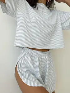 Women'sStripedPrintDropShoulderTee&WrapSplitShortsPyjamaSet,CasualComfyRoundNeckShortSleeveT-shirt&ElasticWaistShortsPjSet,?SummerOutfits2024