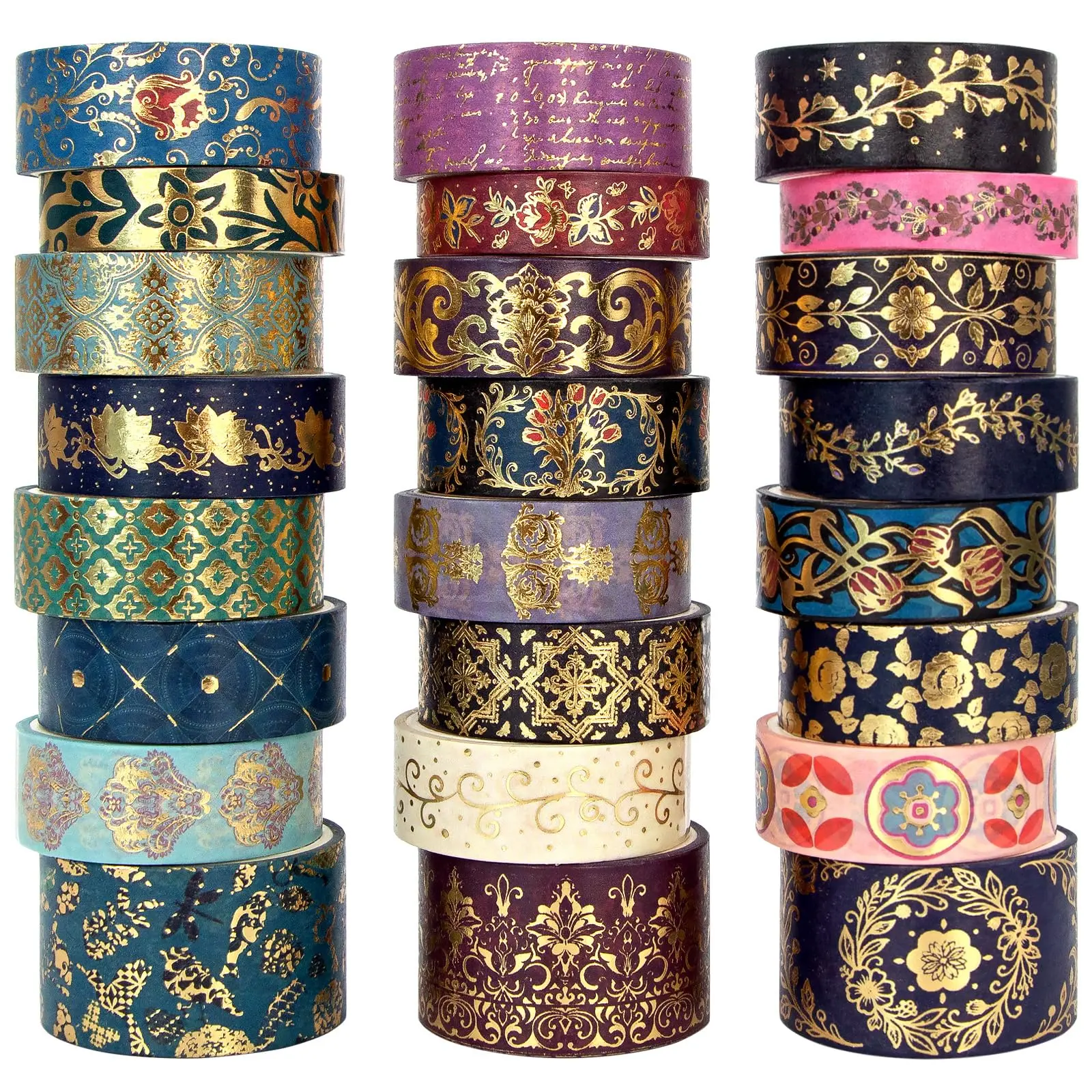 Gold Foil Washi Tape Set — 24 Rolls Vintage Dark Academia Aesthetic, Baroque Gothic Jewel Tone Decorative Tape for Junk Journal Supplies, Scrapbook, Planner — Gift Box (3 Sizes)